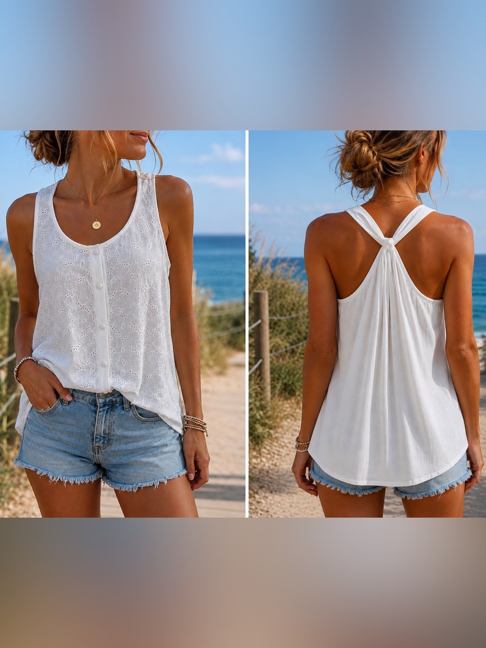 Fifty Street White Eyelet High Low Button Front Tank Top L Boho Coastal